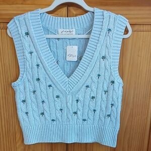Free People Cotton Cable Palm Trees V-Neck Sweater Vest NEW